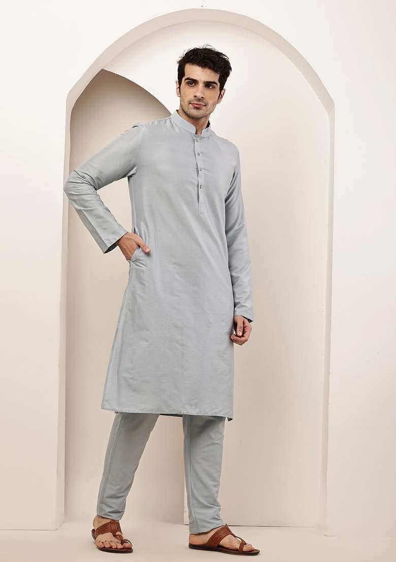 Blue Embroidered Viscose Kurta Pyjama For Men - Indya