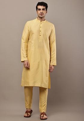 Yellow Embroidered Viscose Kurta Pyjama For Men