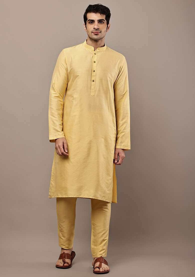 Yellow Embroidered Viscose Kurta Pyjama For Men - Indya