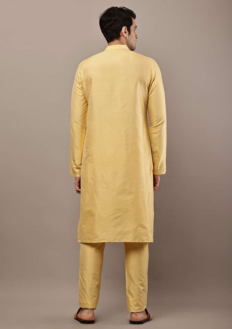 Yellow Embroidered Viscose Kurta Pyjama For Men - Indya