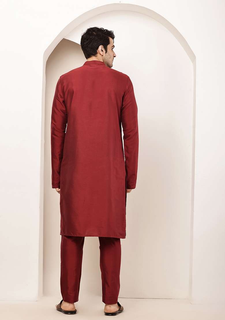 Red Embroidered Viscose Kurta Pyjama For Men - Indya