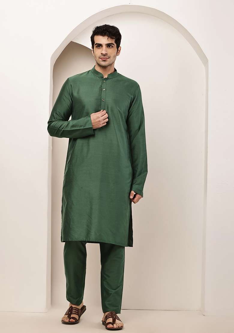 Green Embroidered Viscose Kurta Pyjama For Men - Indya