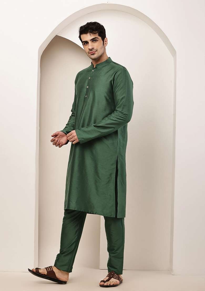 Green Embroidered Viscose Kurta Pyjama For Men - Indya