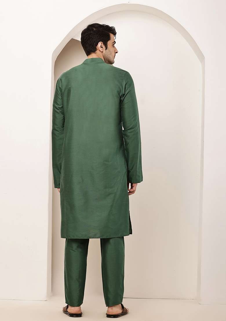 Green Embroidered Viscose Kurta Pyjama For Men - Indya