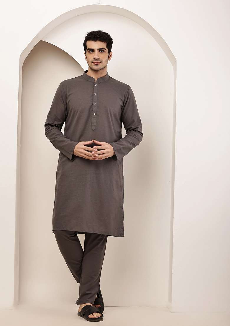 Grey Embroidered Cotton Kurta Pyjama For Men - Indya