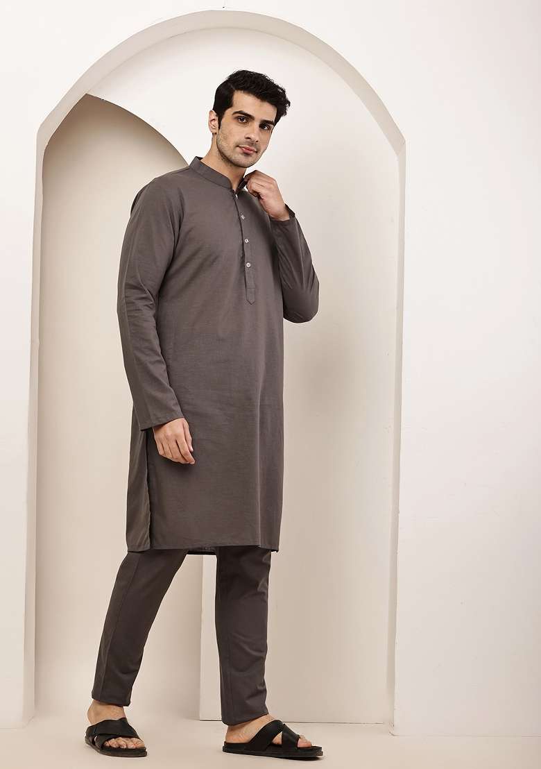 Grey Embroidered Cotton Kurta Pyjama For Men - Indya