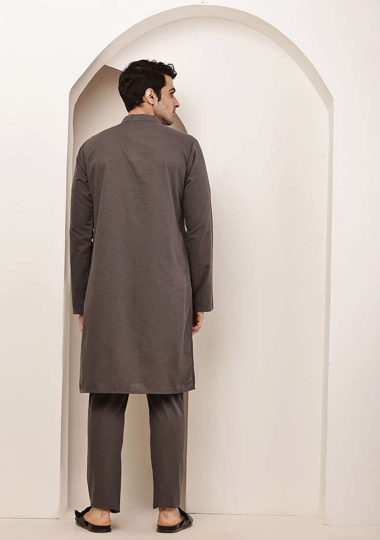 Grey Embroidered Cotton Kurta Pyjama For Men - Indya