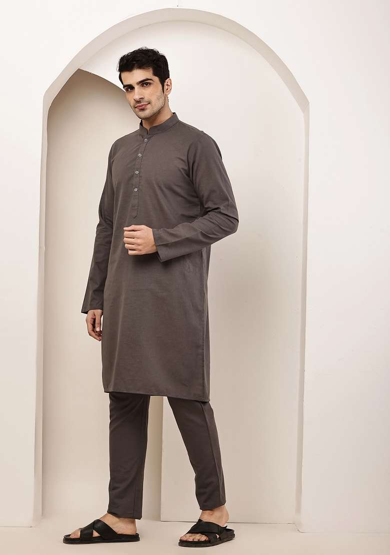 Grey Embroidered Cotton Kurta Pyjama For Men - Indya