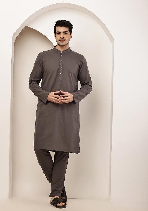 Grey Embroidered Cotton Kurta Pyjama For Men