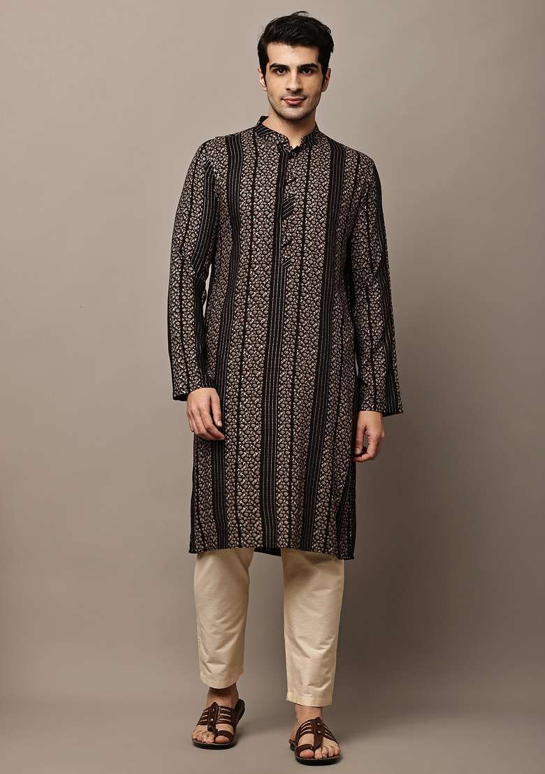 Black Embroidered Viscose Kurta Pyjama For Men - Indya