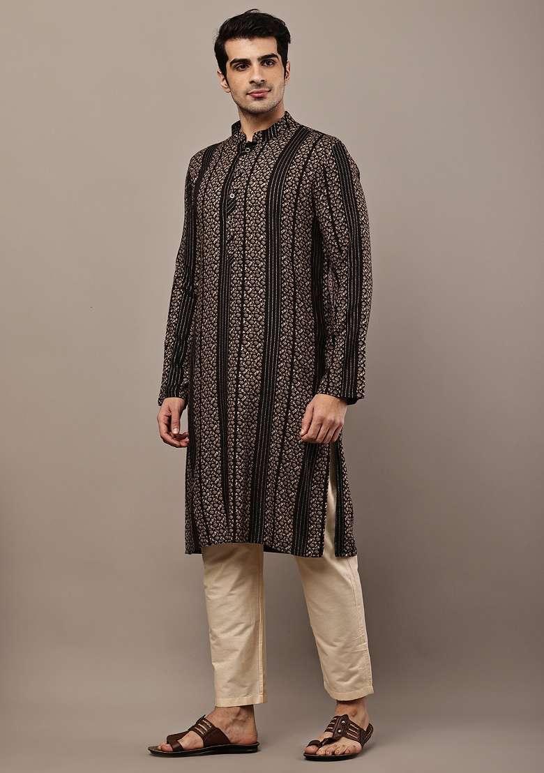 Black Embroidered Viscose Kurta Pyjama For Men - Indya