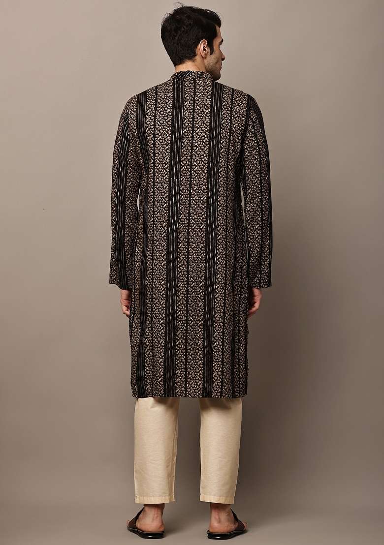 Black Embroidered Viscose Kurta Pyjama For Men - Indya