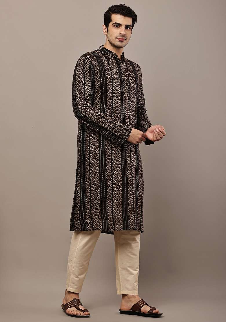 Black Embroidered Viscose Kurta Pyjama For Men - Indya
