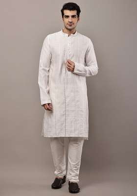 White Embroidered Viscose Kurta Pyjama For Men