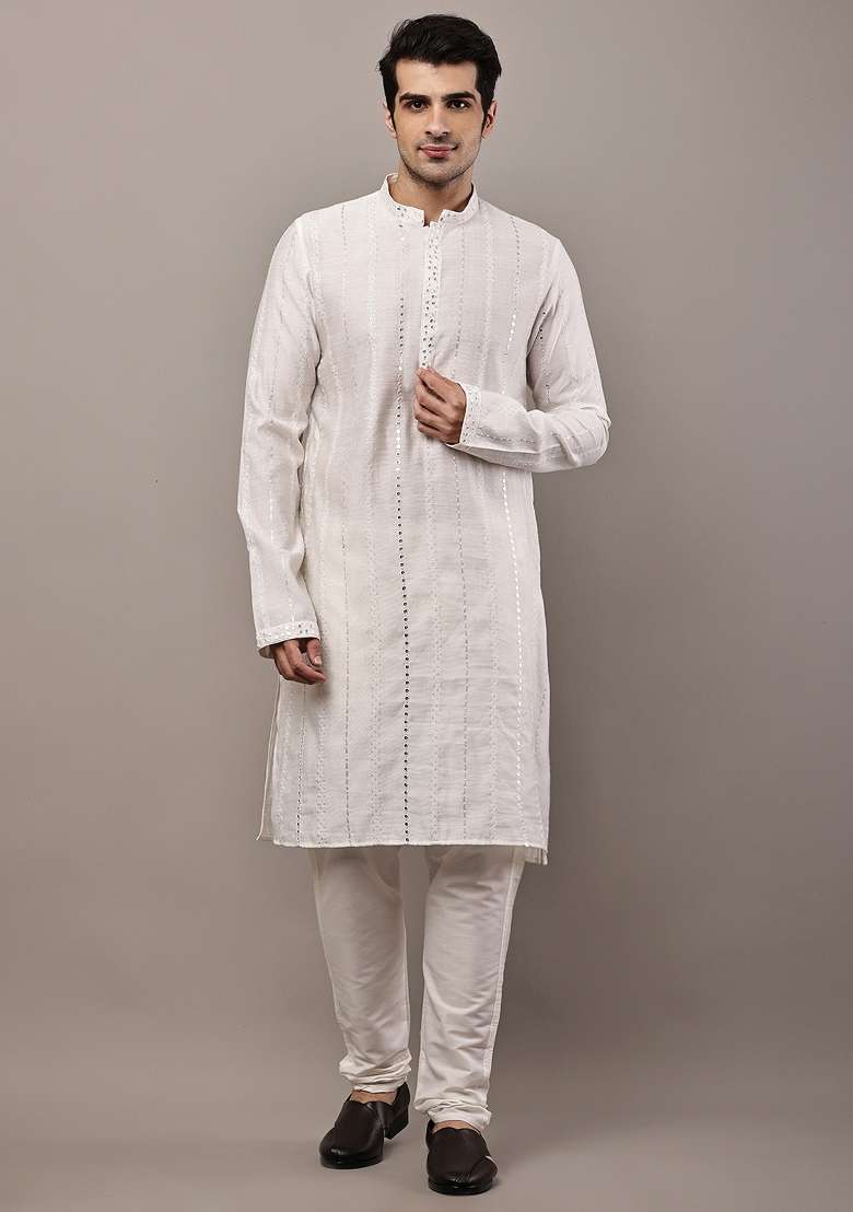 White Embroidered Viscose Kurta Pyjama For Men - Indya