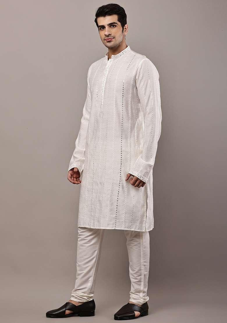 White Embroidered Viscose Kurta Pyjama For Men - Indya