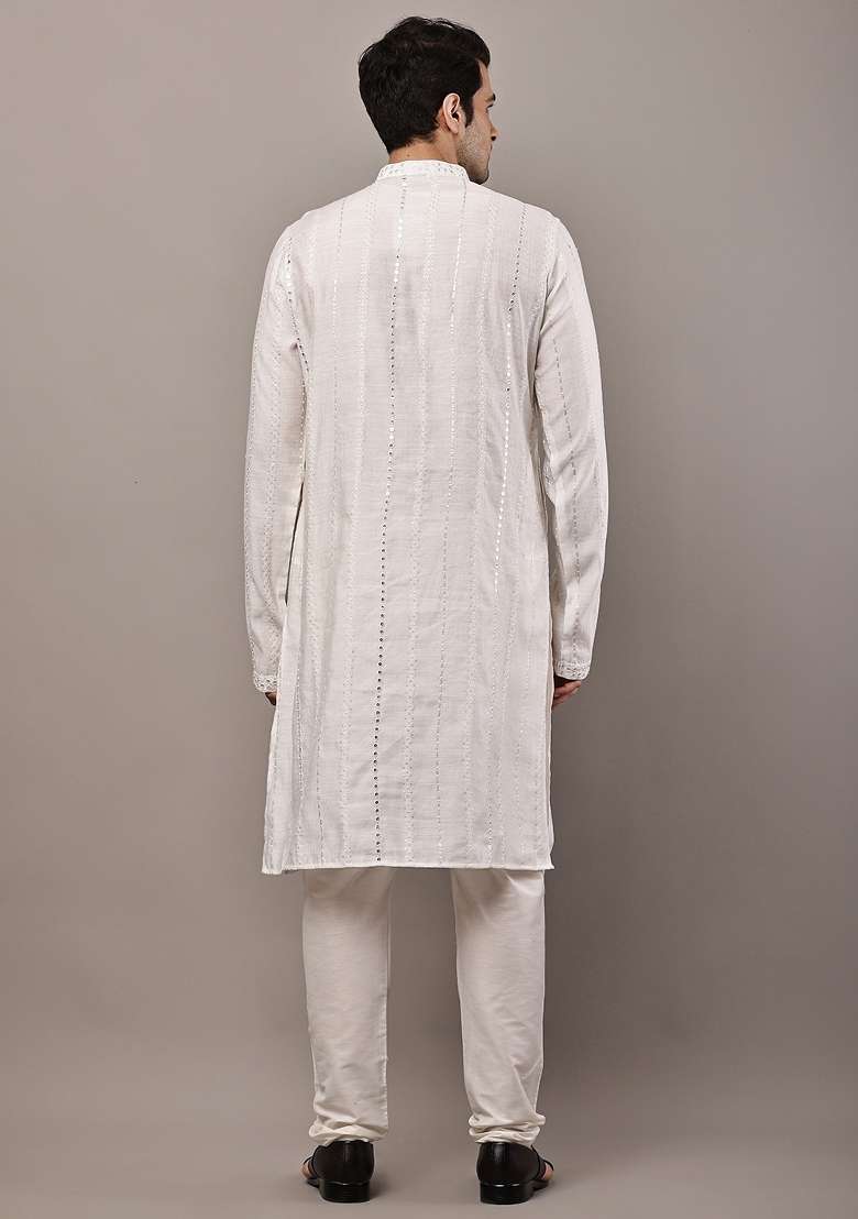 White Embroidered Viscose Kurta Pyjama For Men - Indya