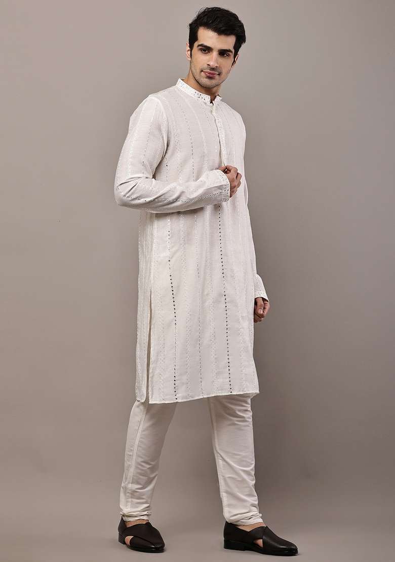 White Embroidered Viscose Kurta Pyjama For Men - Indya