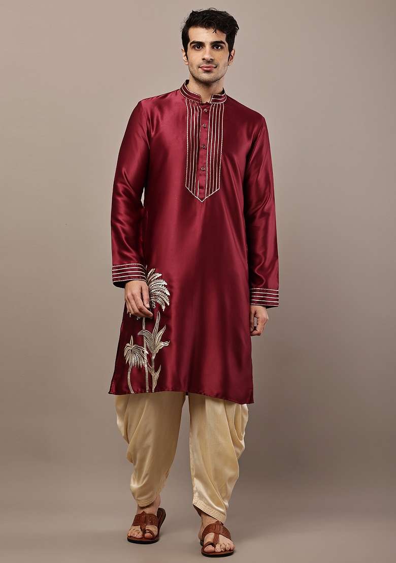 Maroon Embroidered Viscose Kurta Pyjama For Men - Indya