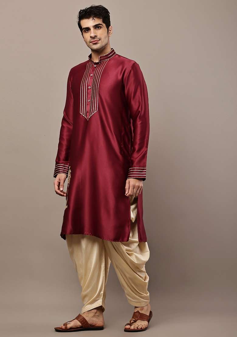 Maroon Embroidered Viscose Kurta Pyjama For Men - Indya