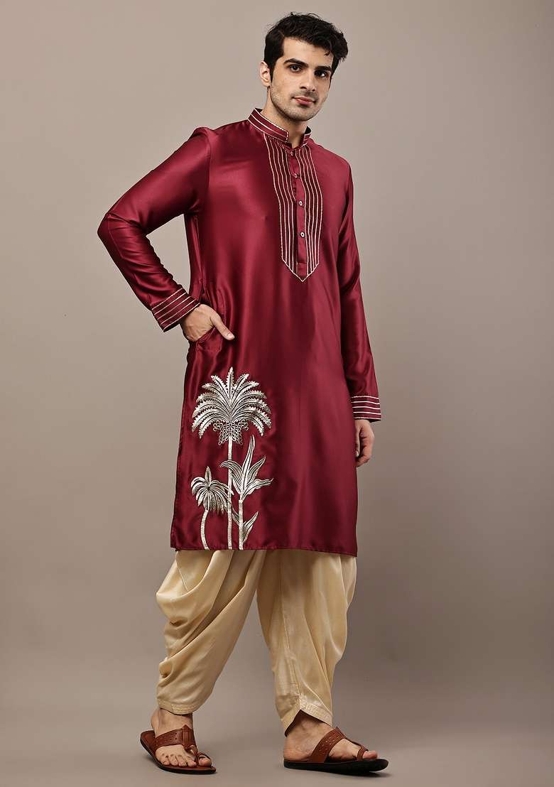Maroon Embroidered Viscose Kurta Pyjama For Men - Indya