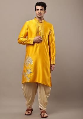 Mustard Embroidered Viscose Kurta Pyjama For Men