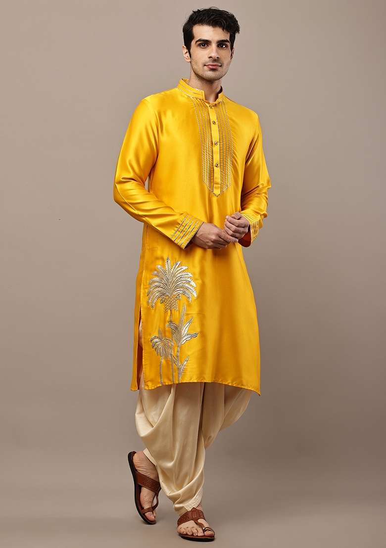 Mustard Embroidered Viscose Kurta Pyjama For Men - Indya