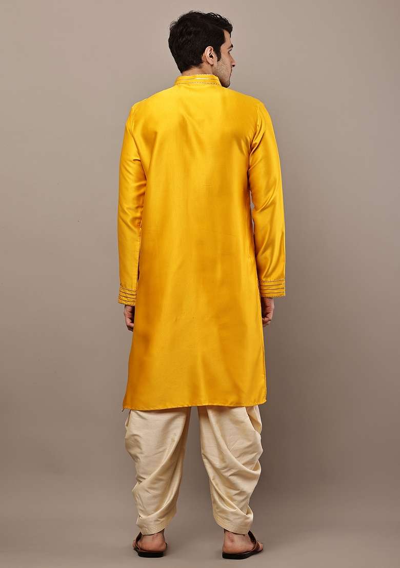 Mustard Embroidered Viscose Kurta Pyjama For Men - Indya