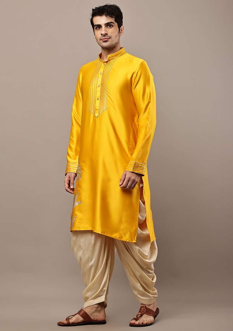 Mustard Embroidered Viscose Kurta Pyjama For Men - Indya