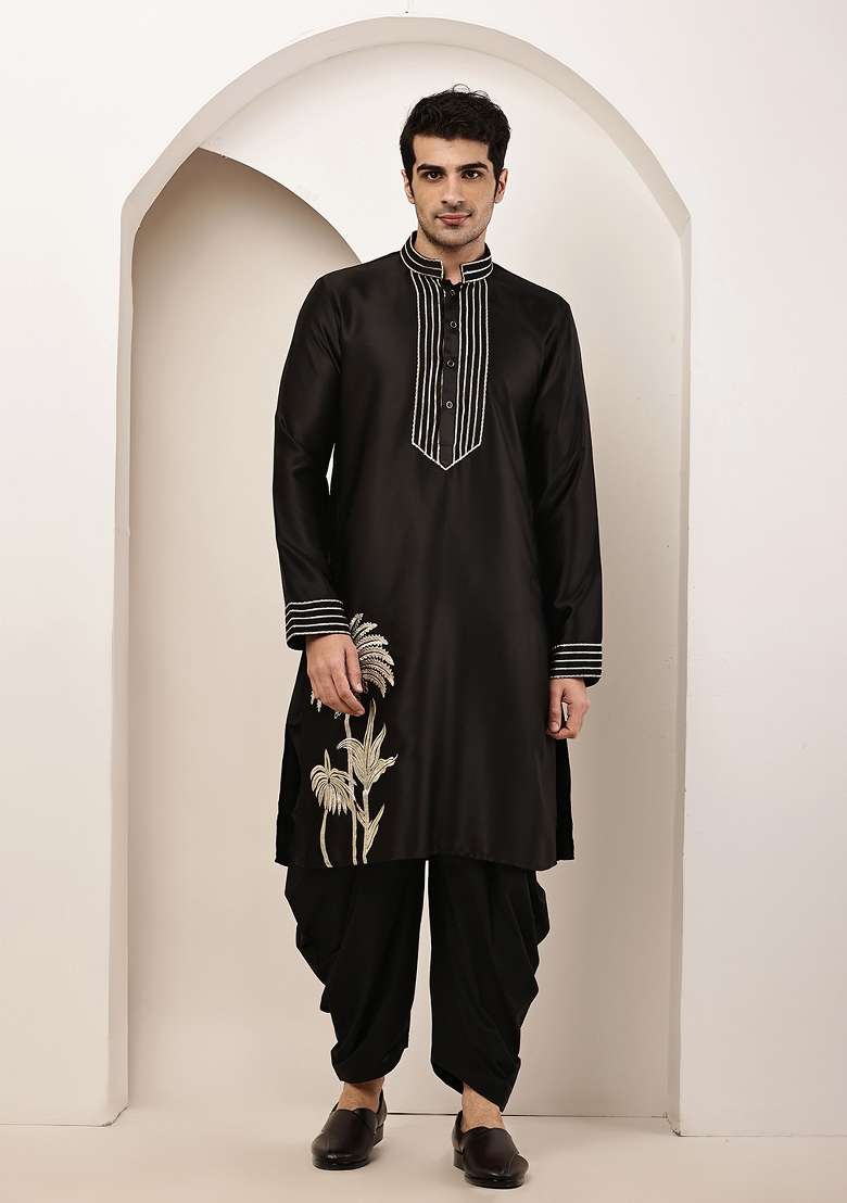 Black Embroidered Viscose Kurta Pyjama For Men - Indya
