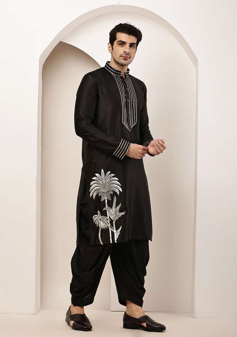 Black Embroidered Viscose Kurta Pyjama For Men - Indya