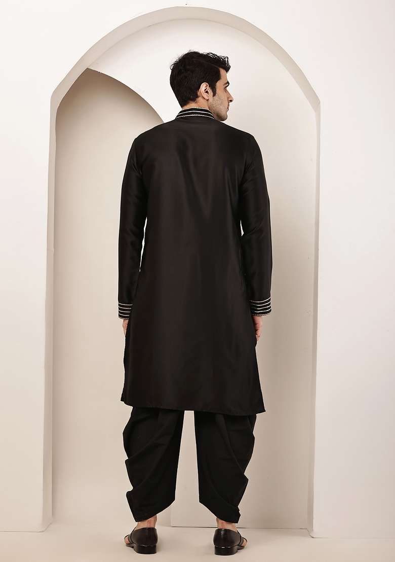 Black Embroidered Viscose Kurta Pyjama For Men - Indya