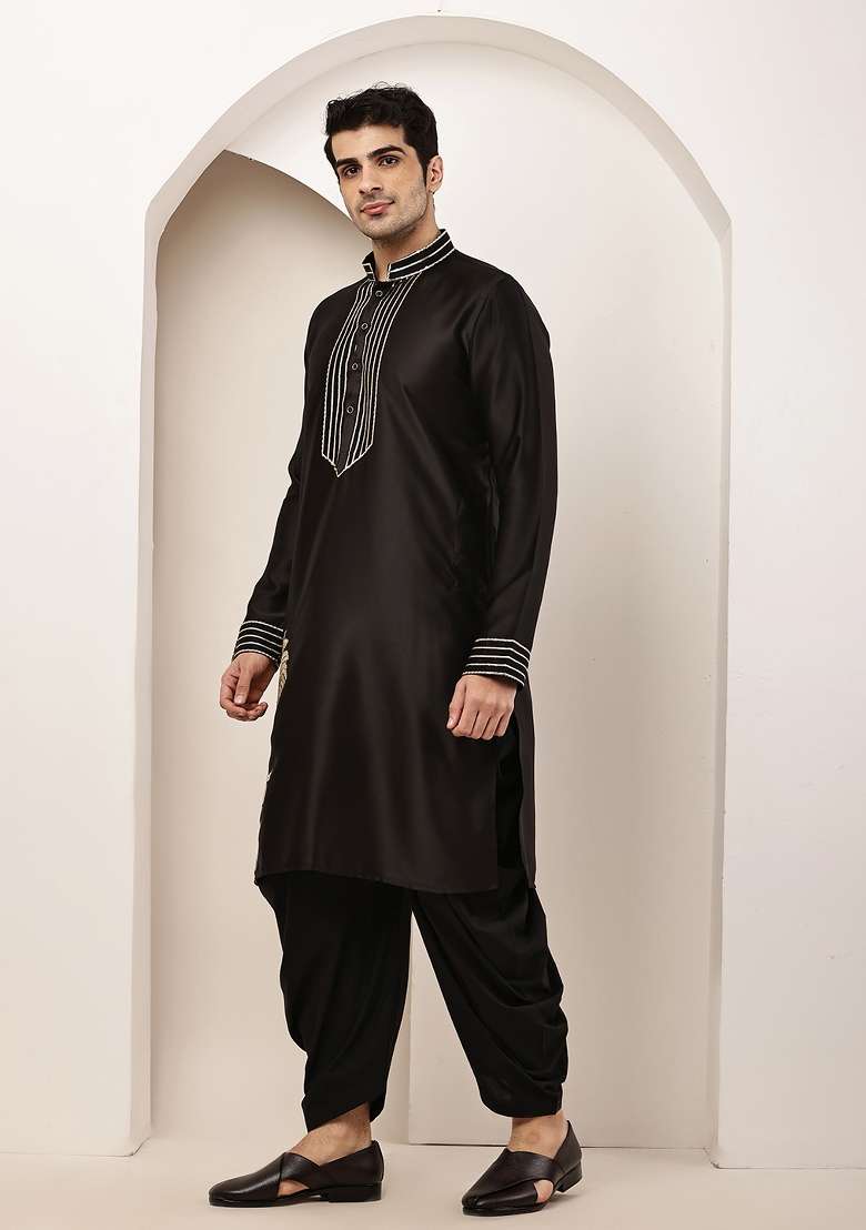 Black Embroidered Viscose Kurta Pyjama For Men - Indya