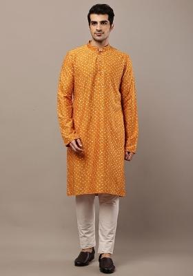 Mustard Embroidered Viscose Kurta Pyjama For Men