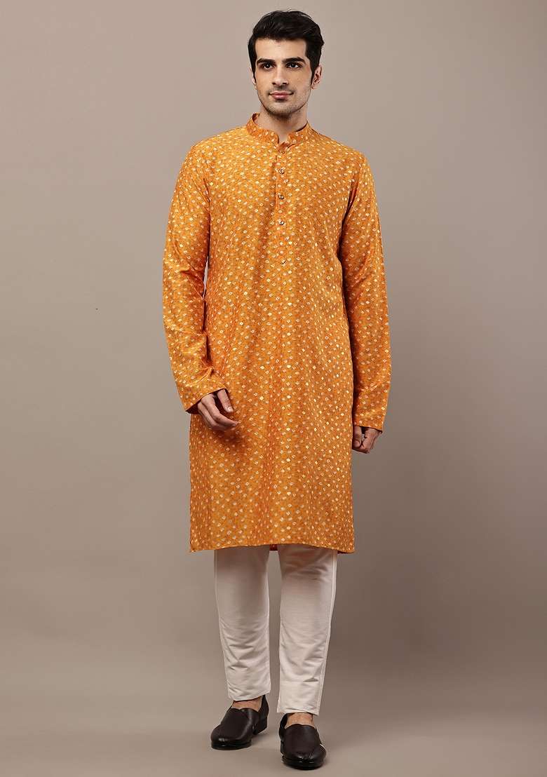 Mustard Embroidered Viscose Kurta Pyjama For Men - Indya