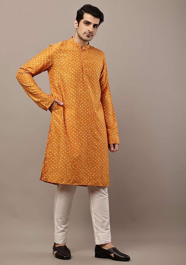 Mustard Embroidered Viscose Kurta Pyjama For Men - Indya
