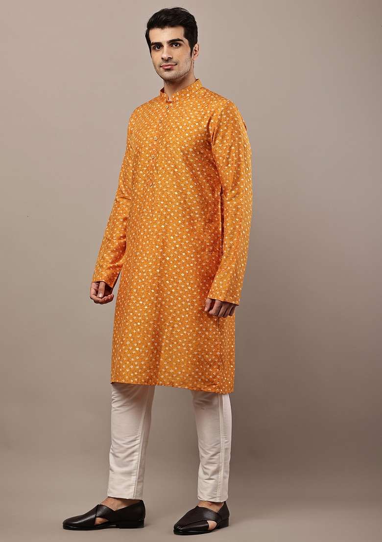 Mustard Embroidered Viscose Kurta Pyjama For Men - Indya