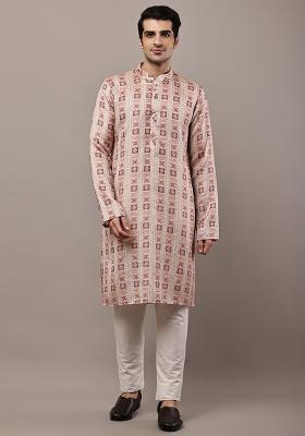 Mustard Embroidered Viscose Kurta Pyjama For Men
