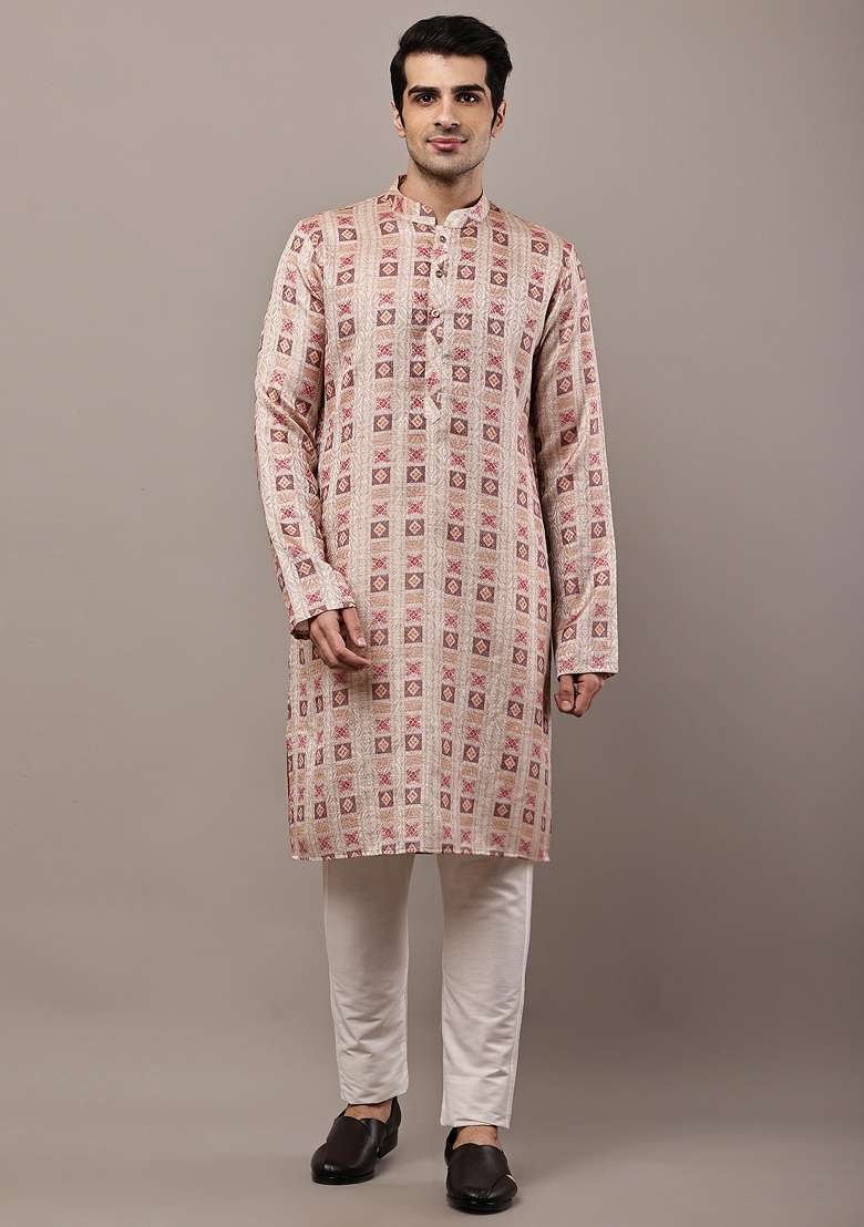 Mustard Embroidered Viscose Kurta Pyjama For Men - Indya