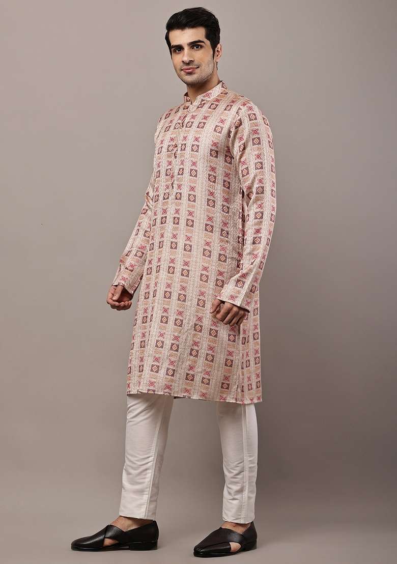 Mustard Embroidered Viscose Kurta Pyjama For Men - Indya