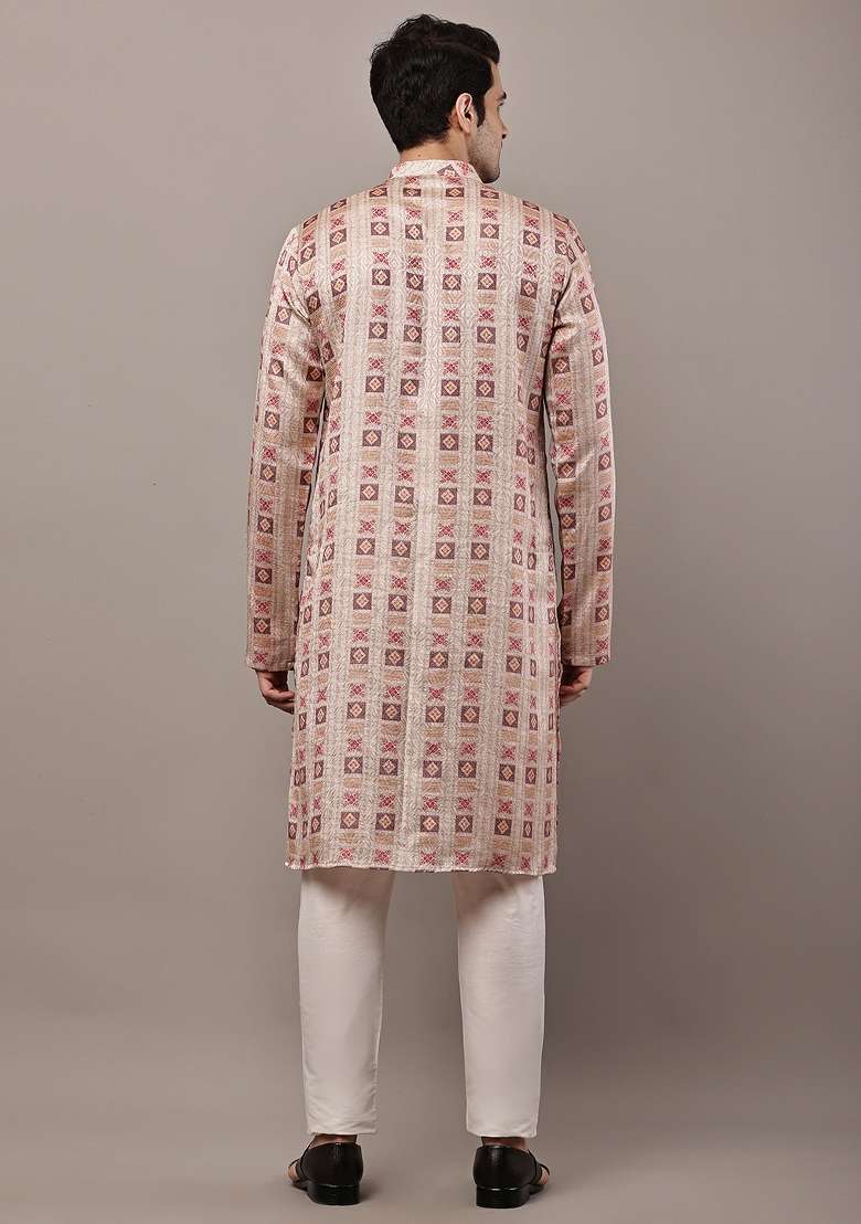 Mustard Embroidered Viscose Kurta Pyjama For Men - Indya