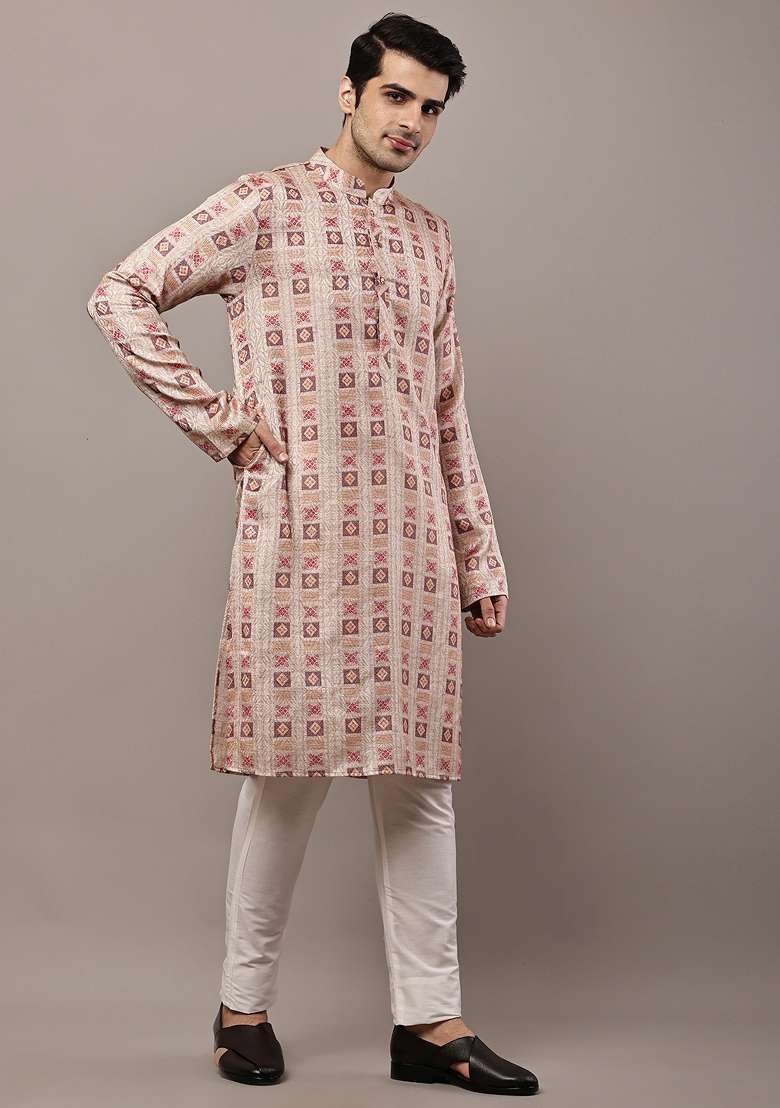 Mustard Embroidered Viscose Kurta Pyjama For Men - Indya