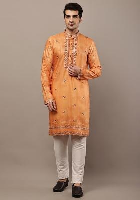 Mustard Embroidered Viscose Kurta Pyjama For Men