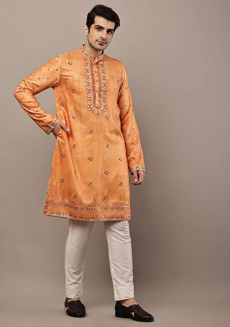 Mustard Embroidered Viscose Kurta Pyjama For Men - Indya
