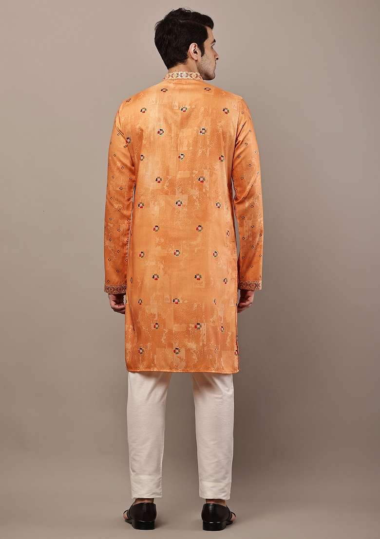 Mustard Embroidered Viscose Kurta Pyjama For Men - Indya