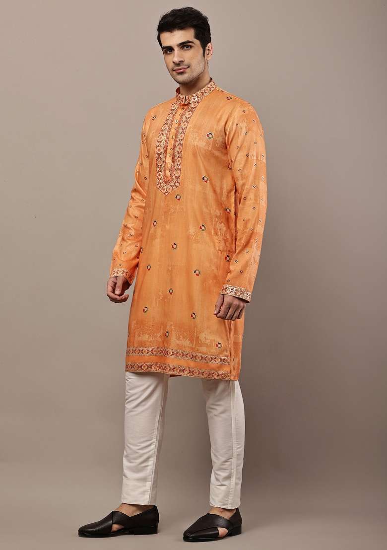 Mustard Embroidered Viscose Kurta Pyjama For Men - Indya