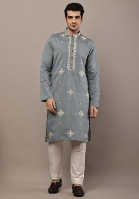 Grey Embroidered Viscose Kurta Pyjama For Men