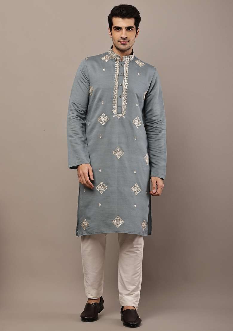 Grey Embroidered Viscose Kurta Pyjama For Men - Indya