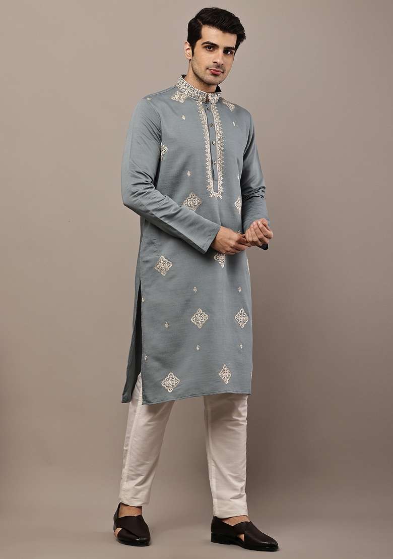 Grey Embroidered Viscose Kurta Pyjama For Men - Indya
