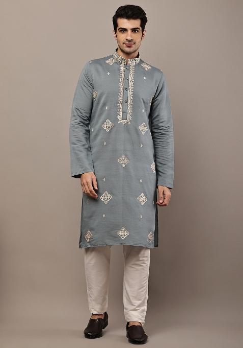 Grey Embroidered Viscose Kurta Pyjama For Men